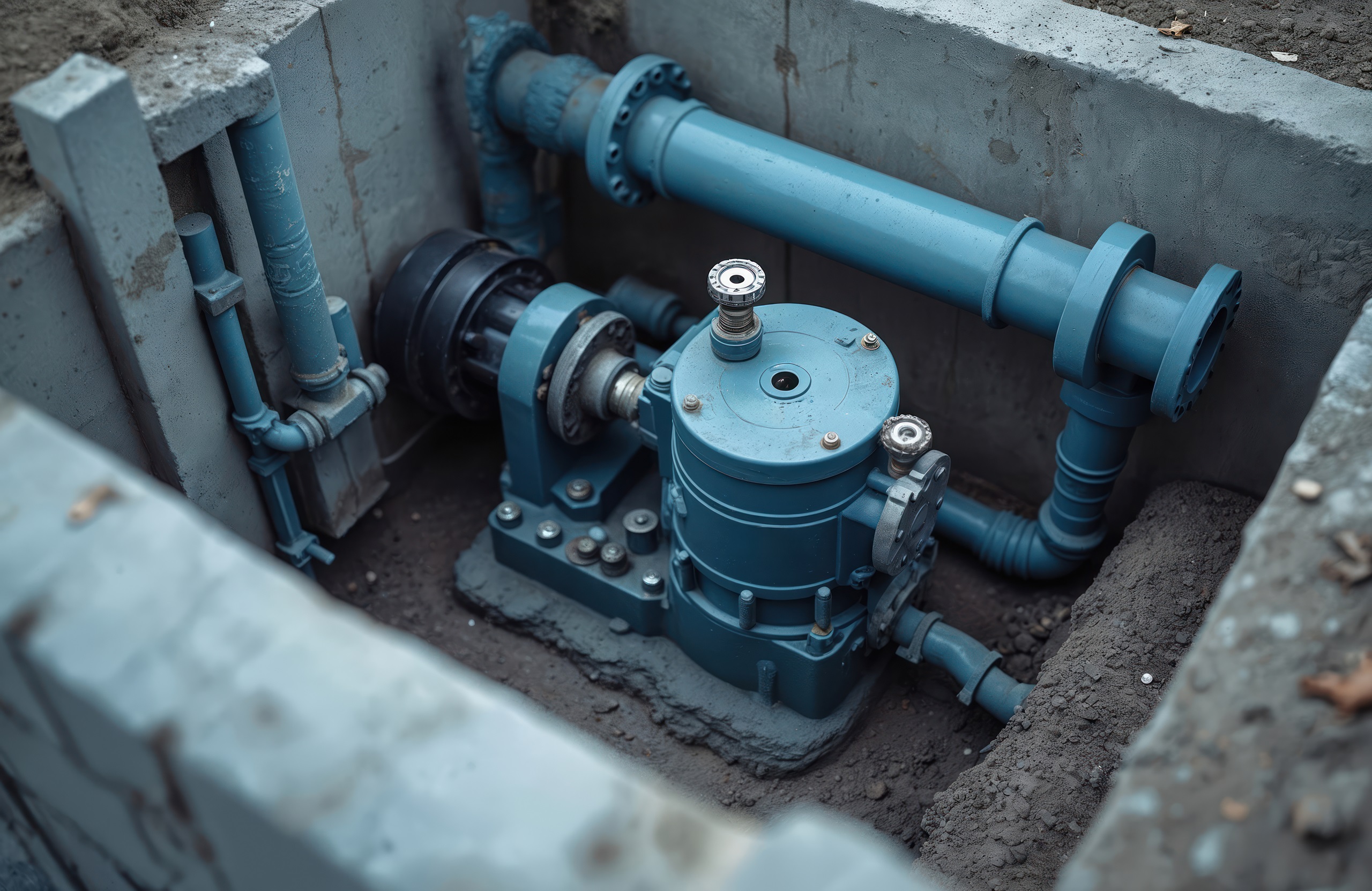 Industrial water pump station for residential well. Blue pipes, valves, sensors system. Water supply system of private house. Groundwater extraction from borehole. Powerful equipment pressure